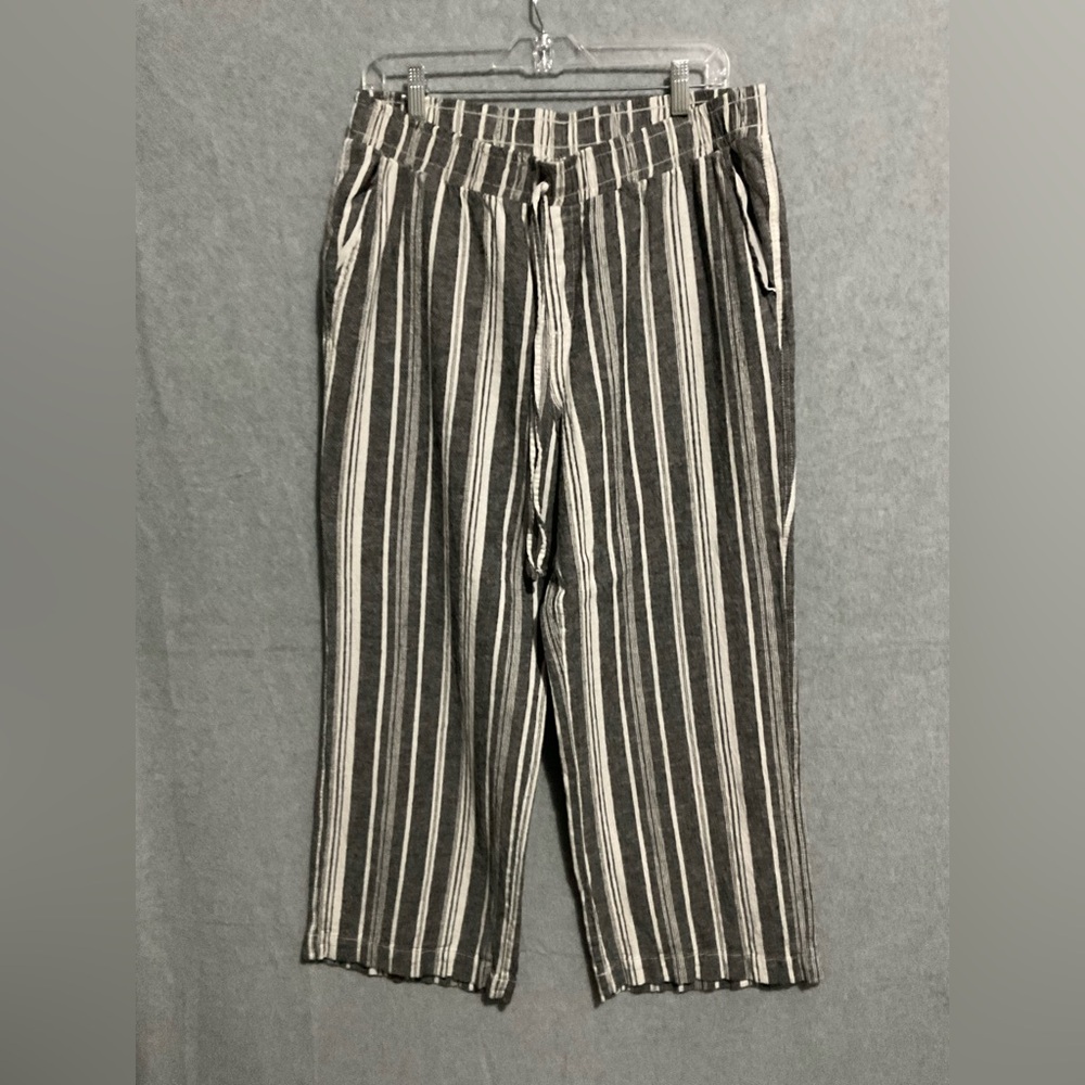 : Briggs New York Linen Blend Striped Wide Leg Pants XL Grey White Coastal